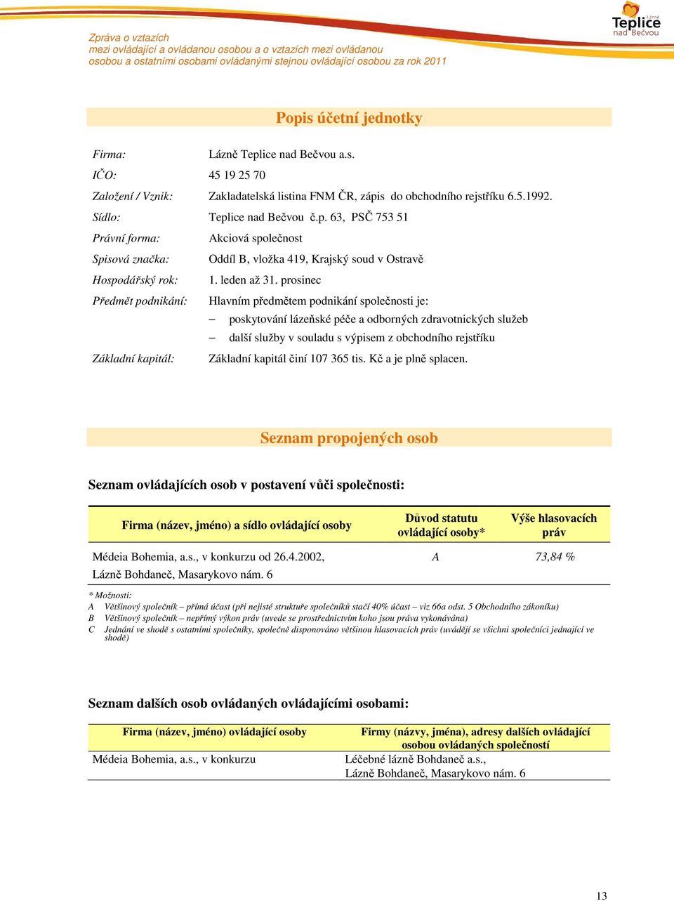 s do obchodního rejstříku 6.5.1992. Sídlo: Teplice nad Bečvou č.p. 63, PSČ 753 51 Právní forma: Akciová společnost Spisová značka: Oddíl B, vložka 419, Krajský soud v Ostravě Hospodářský rok: 1.