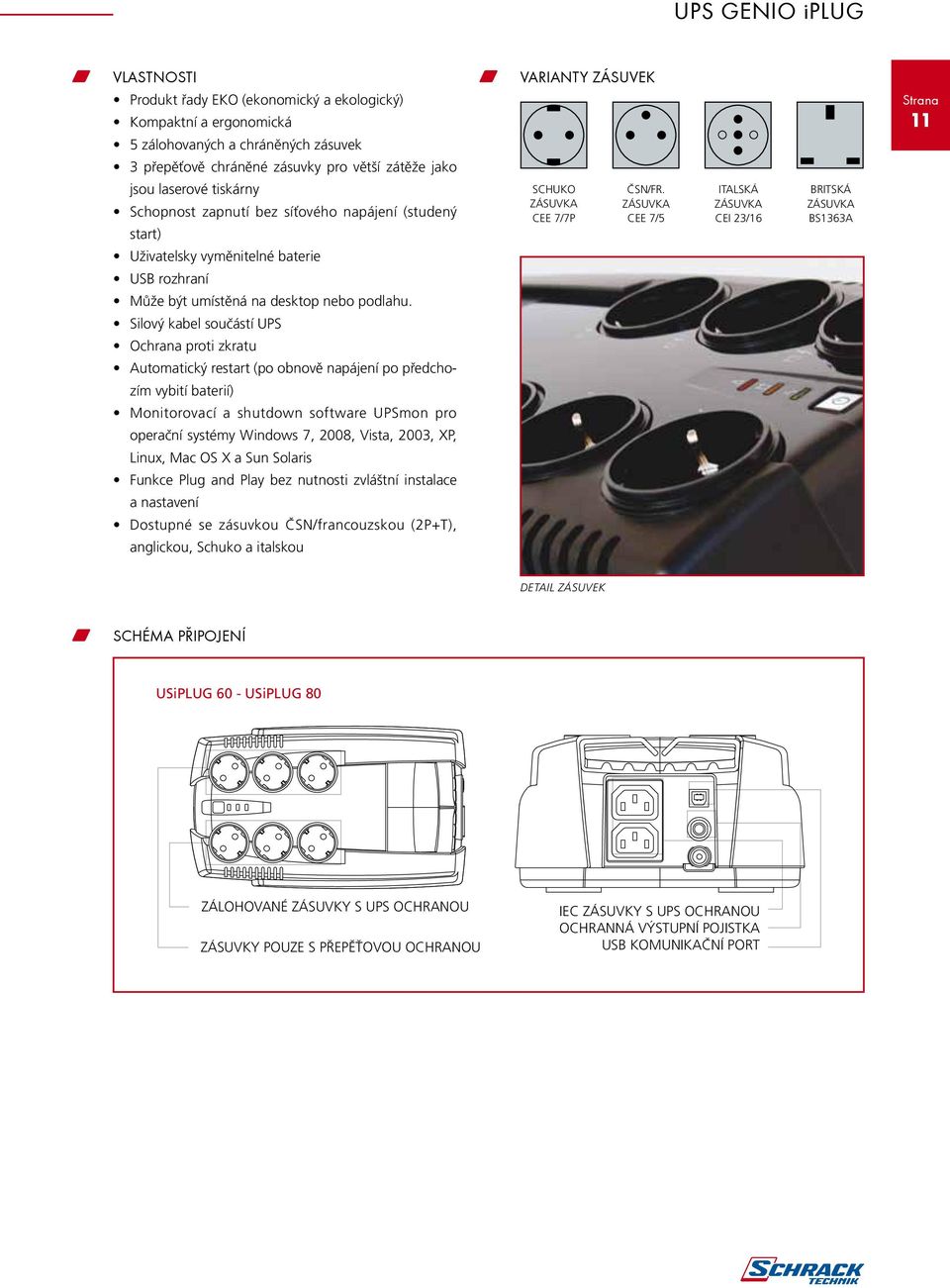 ZÁSUVKA CEE 7/5 ITALSKÁ ZÁSUVKA CEI 23/16 BRITSKÁ ZÁSUVKA BS1363A Uživatelsky vyměnitelné baterie USB rozhraní Může být umístěná na desktop nebo podlahu.