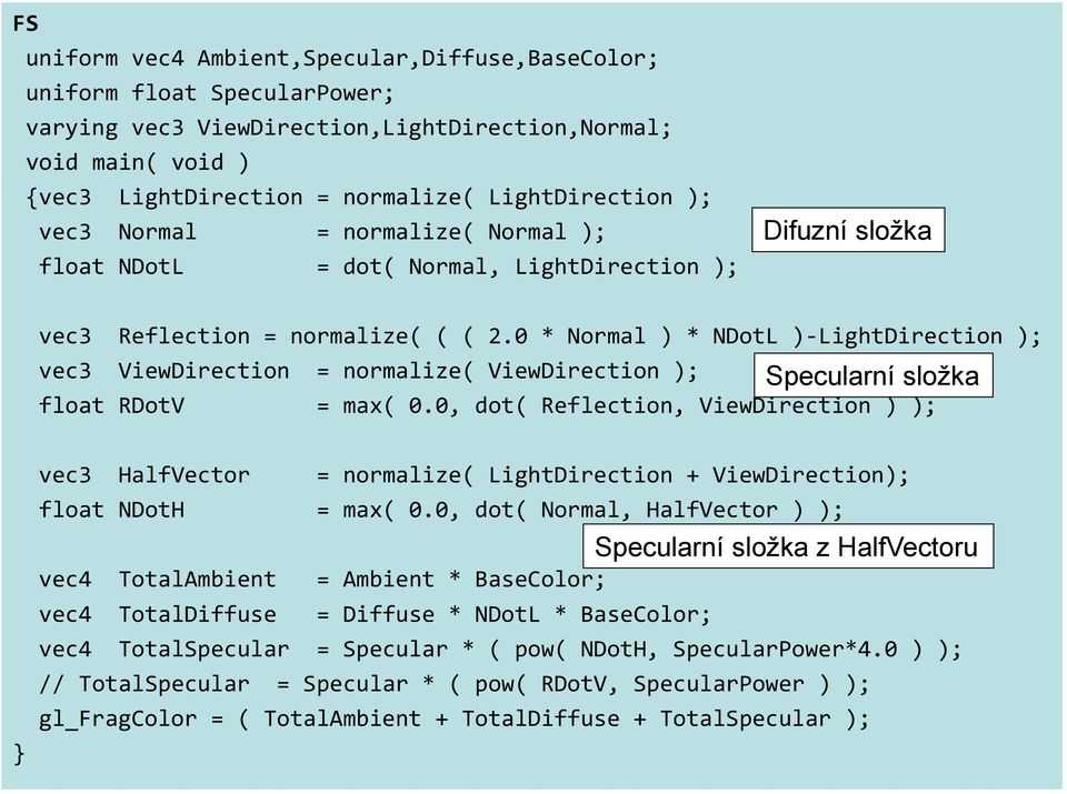0 * Normal ) * NDotL )-LightDirection ); vec3 ViewDirection = normalize( ViewDirection ); Specularní složka float RDotV = max( 0.