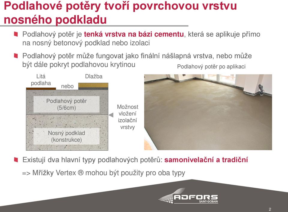 podlahovou krytinou Litá podlaha nebo Dlažba Podlahový potěr po aplikaci Podlahový potěr (5/6cm) Nosný podklad (konstrukce) Možnost