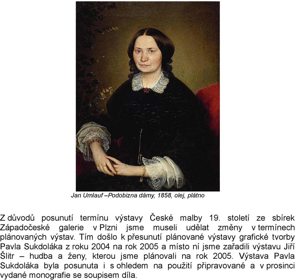 Tím došlo k přesunutí plánované výstavy grafické tvorby Pavla Sukdoláka z roku 2004 na rok 2005 a místo ní jsme zařadili