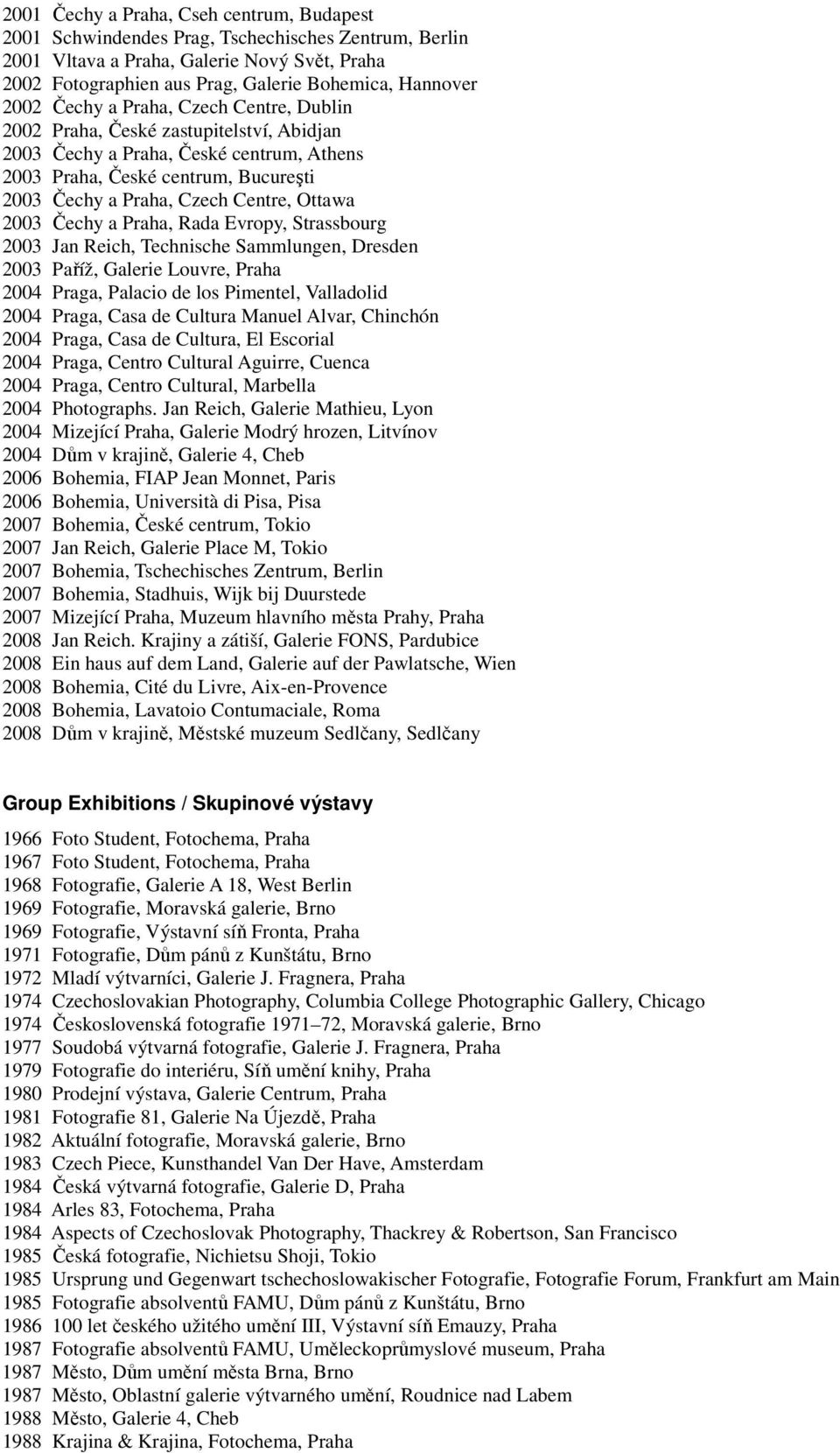 Ottawa 2003 Čechy a Praha, Rada Evropy, Strassbourg 2003 Jan Reich, Technische Sammlungen, Dresden 2003 Paříž, Galerie Louvre, Praha 2004 Praga, Palacio de los Pimentel, Valladolid 2004 Praga, Casa