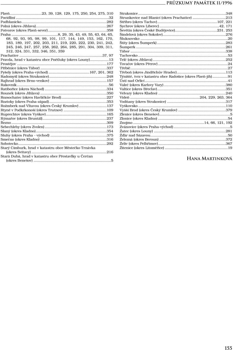 291, 304, 309, 311, 312, 324, 331, 332, 346, 351, 359 Prachatice...37, 97 Pravda, hrad v katastru obce Pnětluky (okres Louny)...13 Prostějov...177 Příběnice (okres Tábor).