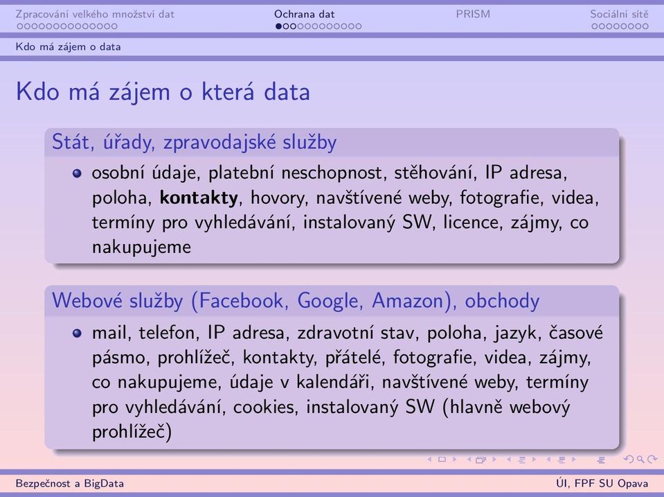 služby (Facebook, Google, Amazon), obchody mail, telefon, IP adresa, zdravotní stav, poloha, jazyk, časové pásmo, prohlížeč, kontakty,