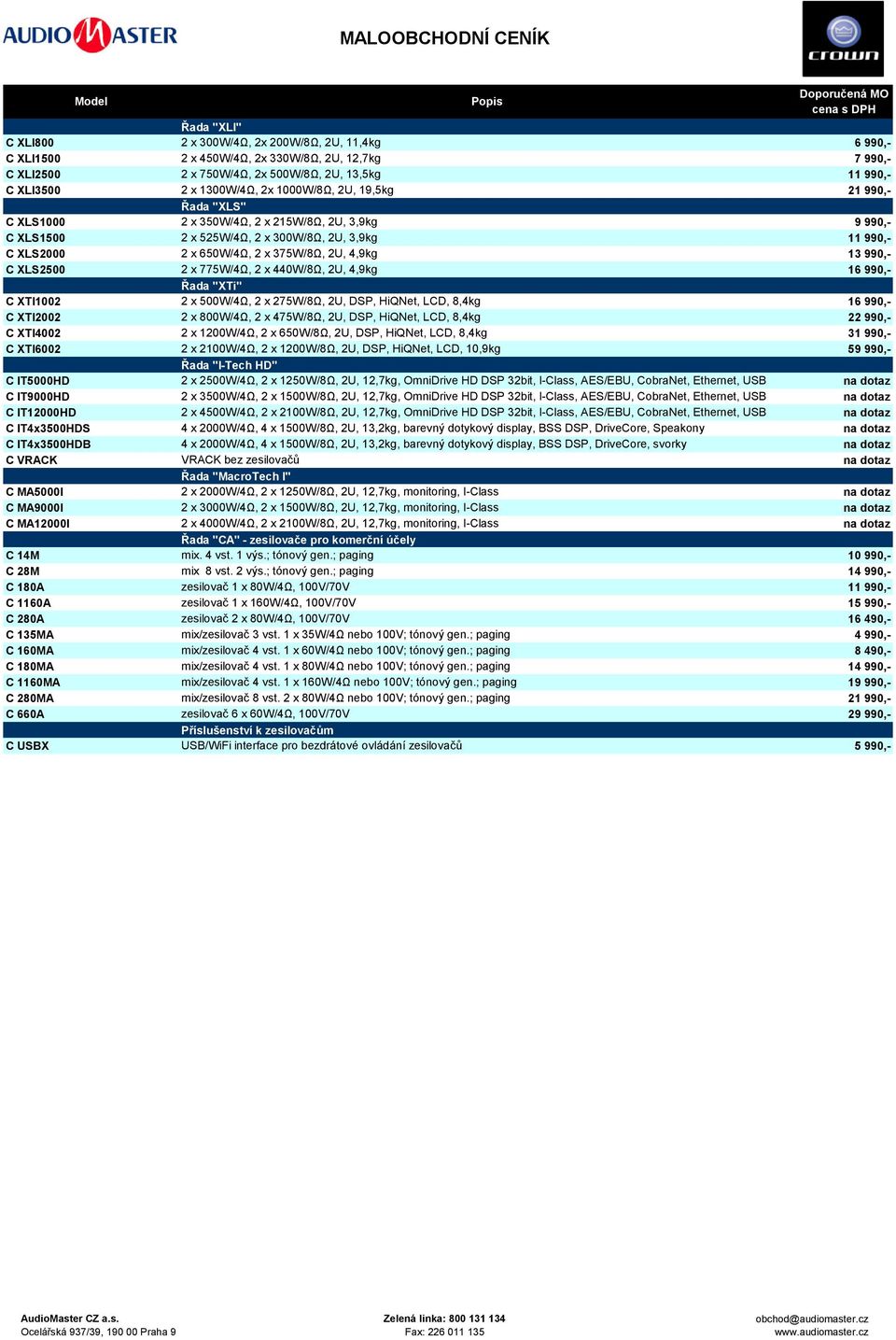 990,- C XLS2500 2 x 775W/4Ω, 2 x 440W/8Ω, 2U, 4,9kg 16 990,- Řada "XTi" C XTI1002 2 x 500W/4Ω, 2 x 275W/8Ω, 2U, DSP, HiQNet, LCD, 8,4kg 16 990,- C XTI2002 2 x 800W/4Ω, 2 x 475W/8Ω, 2U, DSP, HiQNet,