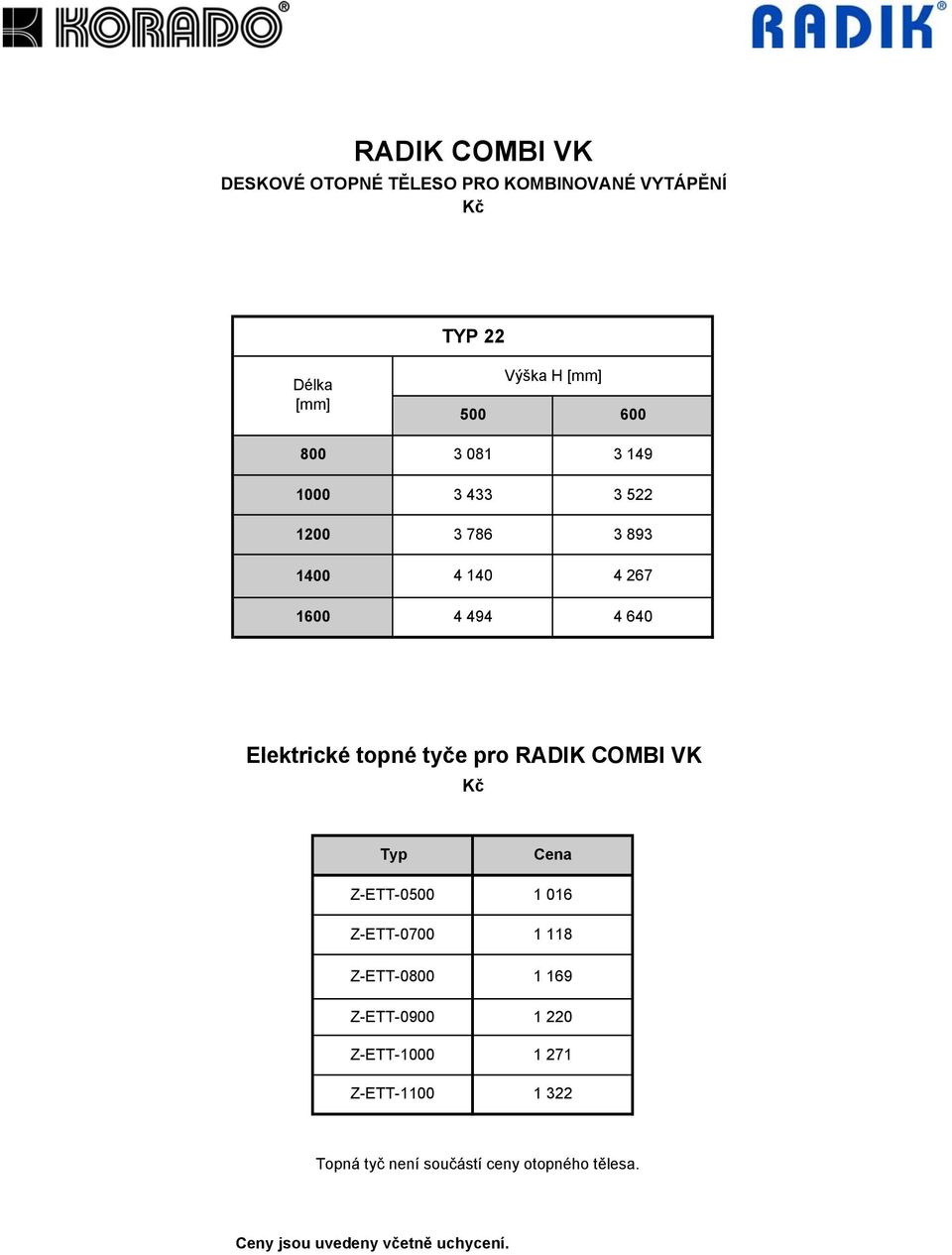 pro RADIK COMBI VK Typ Cena Z-ETT-0500 1 016 Z-ETT-0700 1 118 Z-ETT-0800 1 169 Z-ETT-0900 1 220