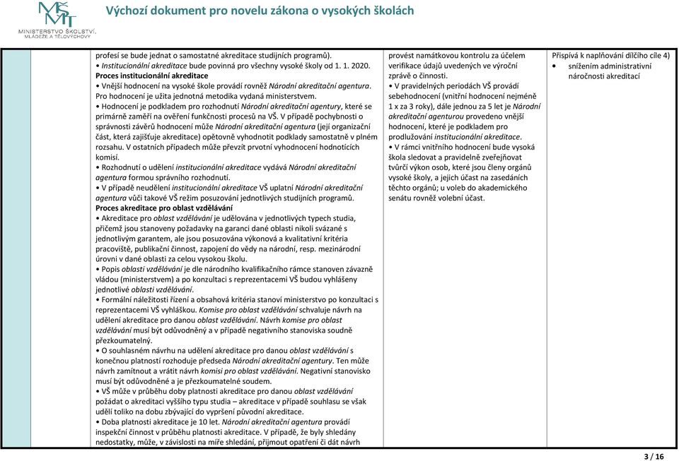 Hodnocení je podkladem pro rozhodnutí Národní akreditační agentury, které se primárně zaměří na ověření funkčnosti procesů na VŠ.