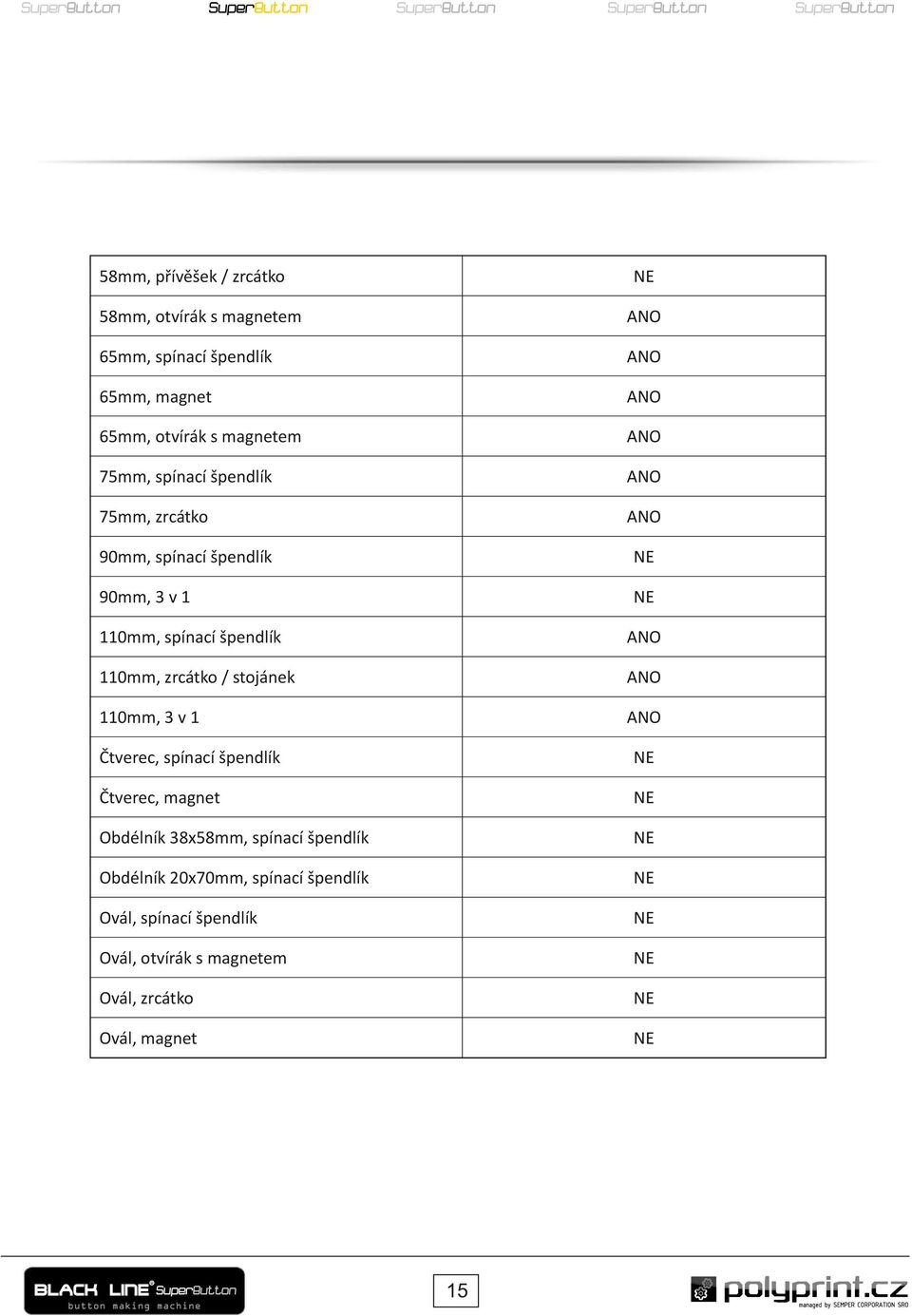 110mm, zrcátko / stojánek 110mm, 3 v 1 Čtverec, spínací špendlík Čtverec, magnet Obdélník 38x58mm, spínací