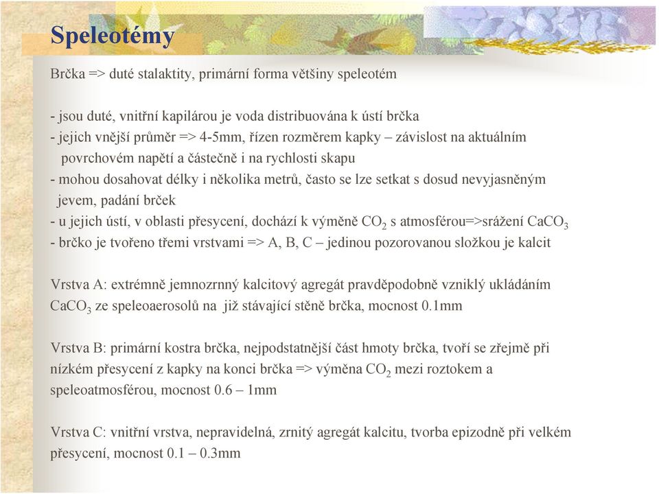 přesycení, dochází k výměně CO 2 s atmosférou=>srážení CaCO 3 -brčko je tvořeno třemi vrstvami => A, B, C jedinou pozorovanou složkou je kalcit Vrstva A: extrémně jemnozrnný kalcitový agregát