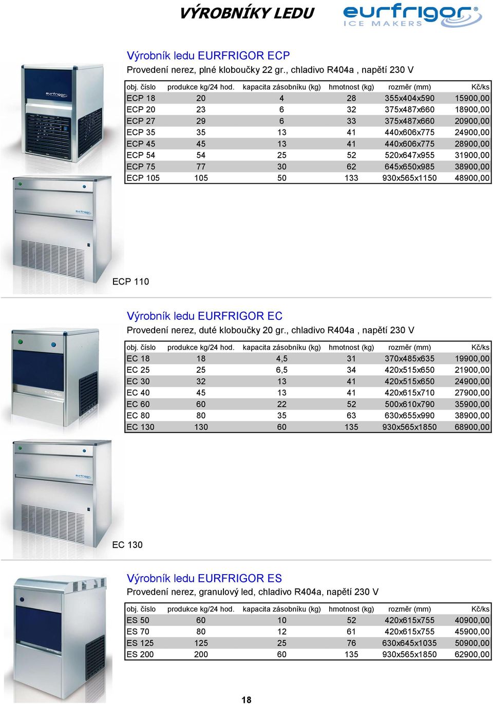 24900,00 ECP 45 45 13 41 440x606x775 28900,00 ECP 54 54 25 52 520x647x955 31900,00 ECP 75 77 30 62 645x650x985 38900,00 ECP 105 105 50 133 930x565x1150 48900,00 ECP 110 Výrobník ledu EURFRIGOR EC