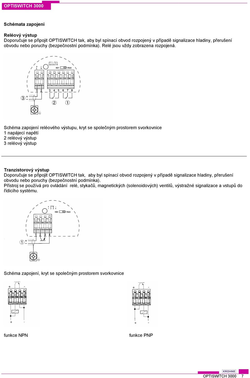 Schéma zapojení reléového výstupu, kryt se společným prostorem svorkovnice 1 napájecí napětí 2 reléový výstup 3 reléový výstup Tranzistorový výstup Doporučuje se připojit OPTISWITCH tak, aby