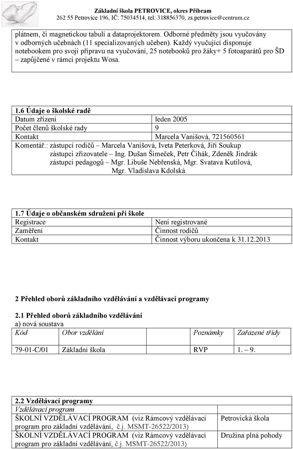 6 Údaje o školské radě Datum zřízení leden 2005 Počet členů školské rady 9 Kontakt Marcela Vanišová, 721560561 Komentář.