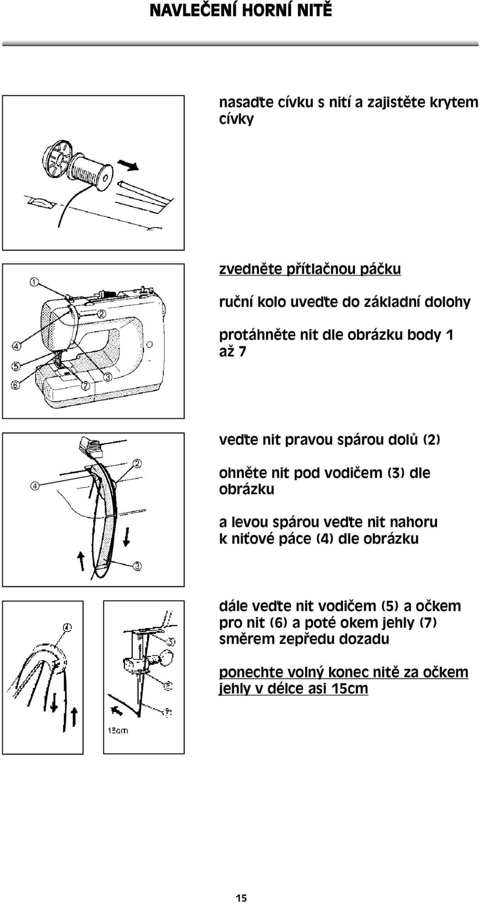 (3) dle obrázku a levou spárou veďte nit nahoru k niťové páce (4) dle obrázku dále veďte nit vodičem (5) a očkem