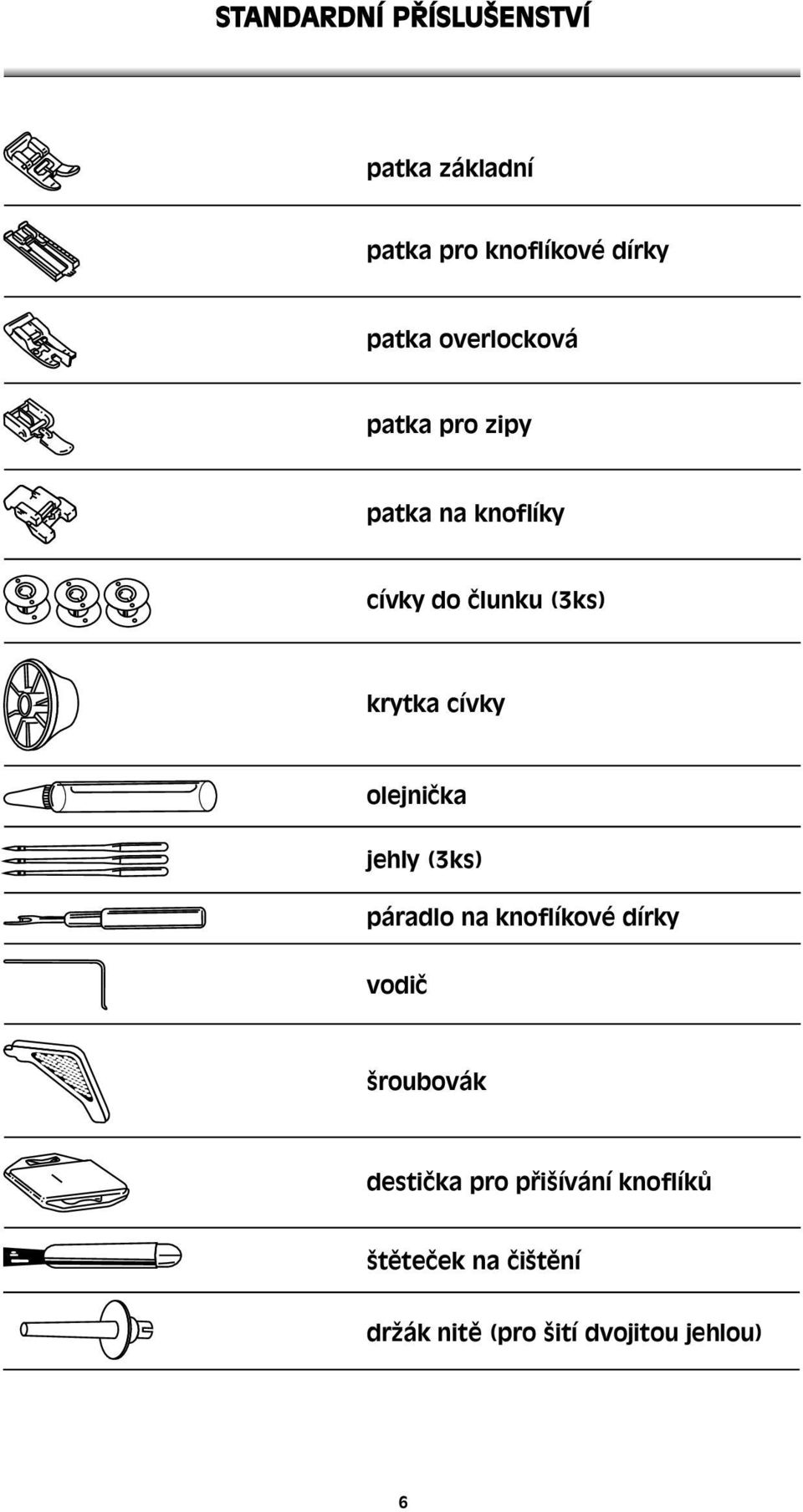 cívky olejnička jehly (3ks) páradlo na knoflíkové dírky vodič šroubovák