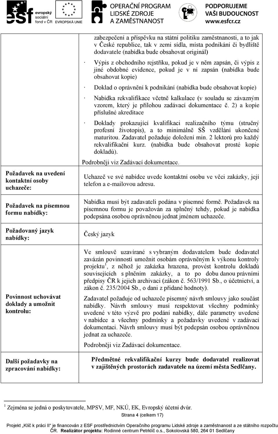 rejstříku, pokud je v něm zapsán, či výpis z jiné obdobné evidence, pokud je v ní zapsán (nabídka bude obsahovat kopie) Doklad o oprávnění k podnikání (nabídka bude obsahovat kopie) Nabídka