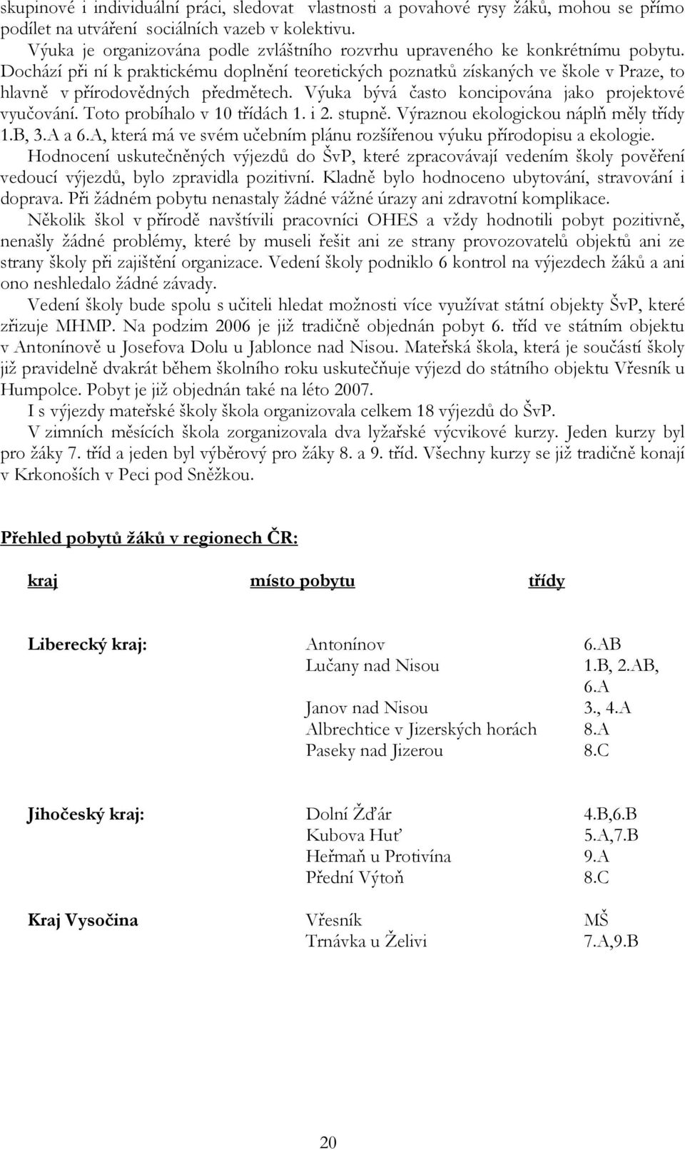 Dochází při ní k praktickému doplnění teoretických poznatků získaných ve škole v Praze, to hlavně v přírodovědných předmětech. Výuka bývá často koncipována jako projektové vyučování.