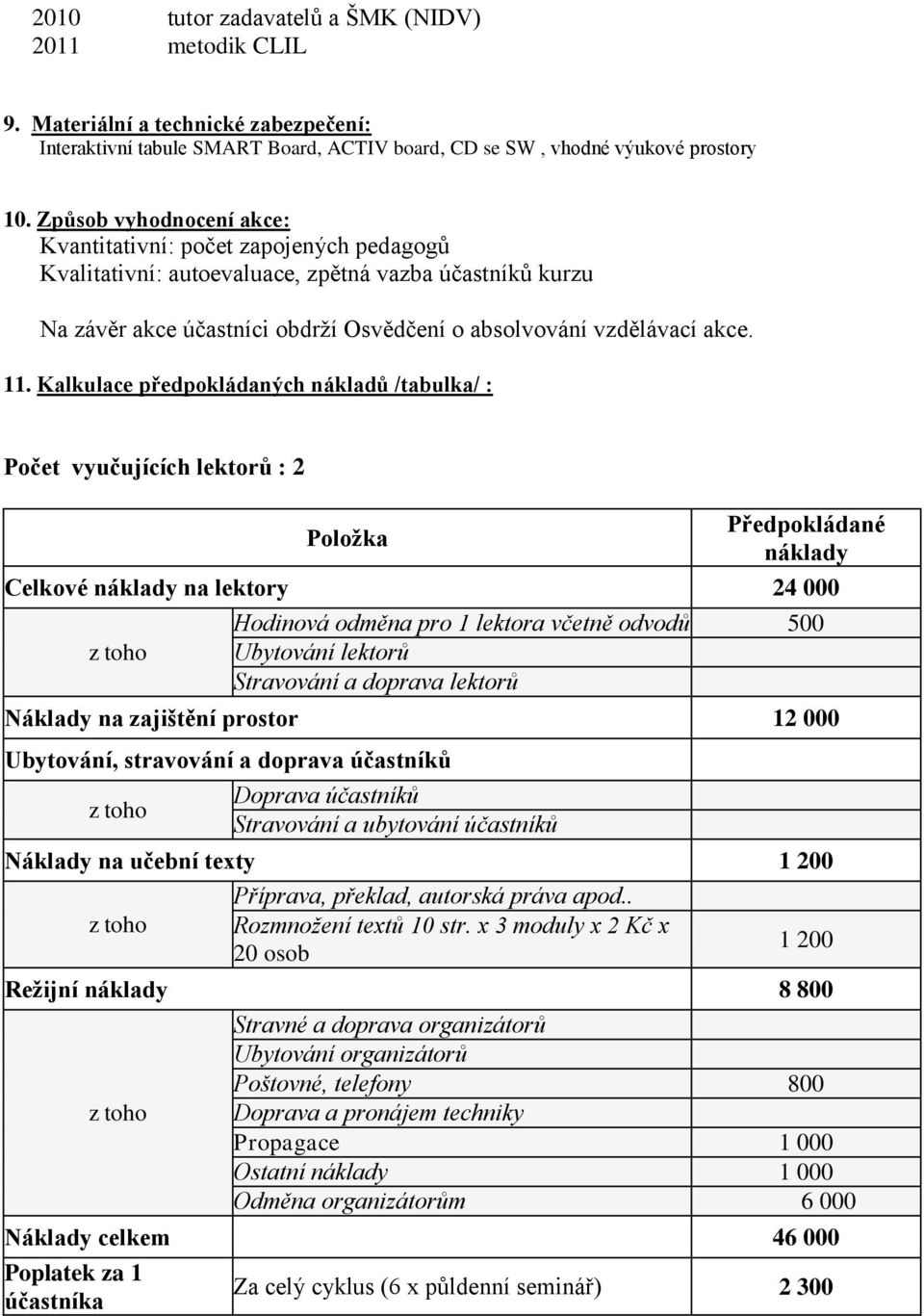 Kalkulace předpokládaných nákladů /tabulka/ : Počet vyučujících lektorů : 2 Položka Předpokládané náklady Celkové náklady na lektory 24 000 Hodinová odměna pro 1 lektora včetně odvodů 500 Ubytování