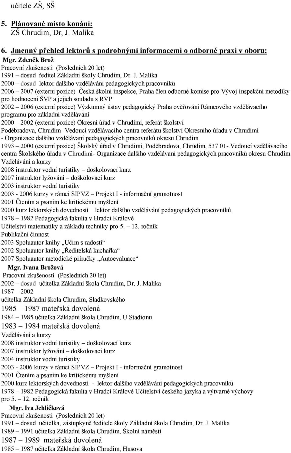 Malíka 2000 dosud lektor dalšího vzdělávání pedagogických pracovníků 2006 2007 (externí pozice) Česká školní inspekce, Praha člen odborné komise pro Vývoj inspekční metodiky pro hodnocení ŠVP a