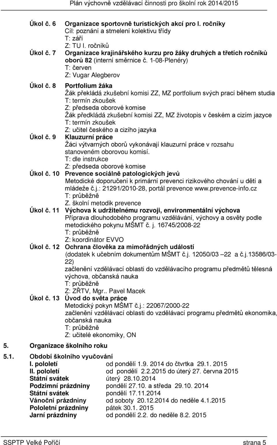 1-08-Plenéry) T: červen Z: Vugar Alegberov Portfolium žáka Žák překládá zkušební komisi ZZ, MZ portfolium svých prací během studia T: termín zkoušek Z: předseda oborové komise Žák předkládá zkušební