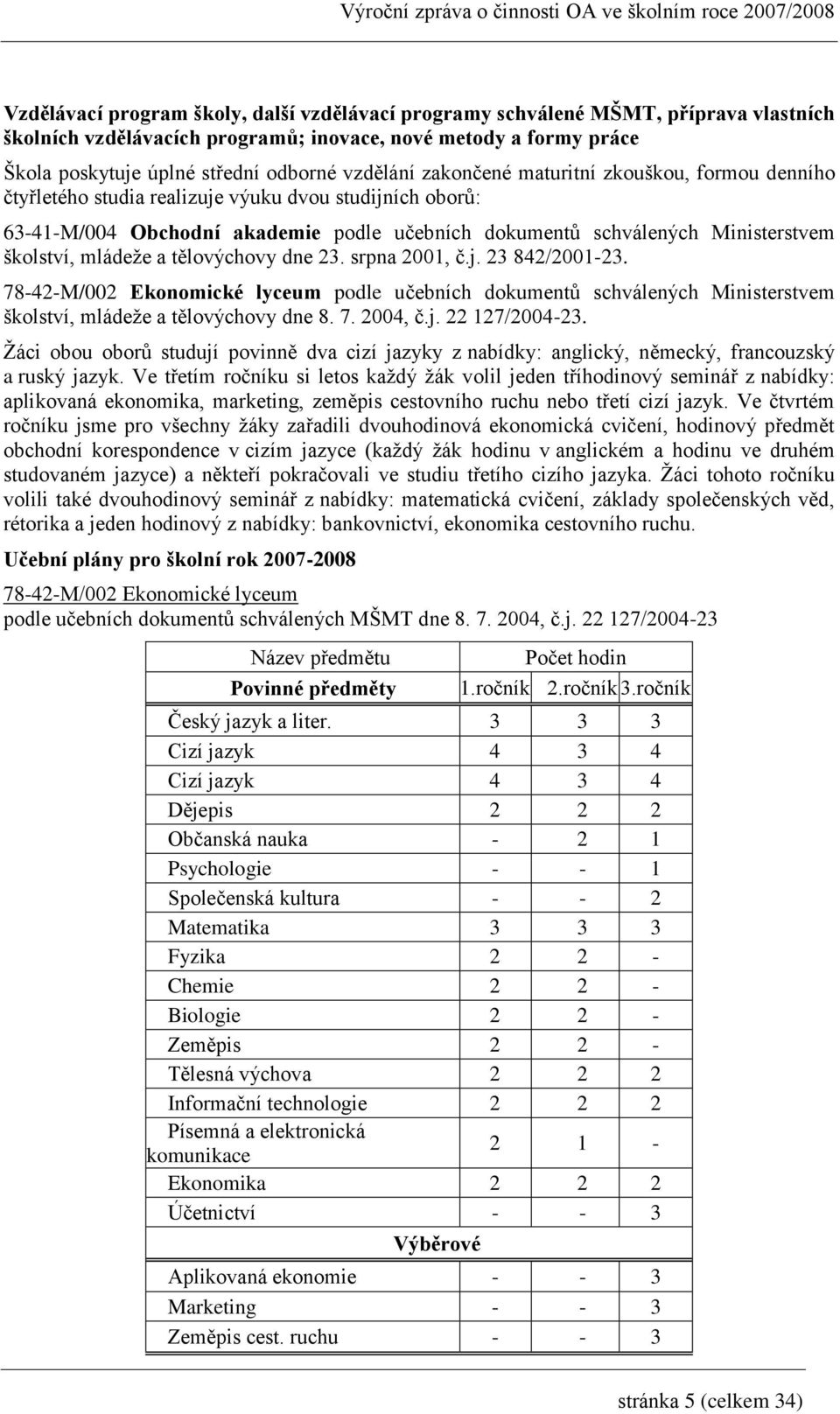 školství, mládeže a tělovýchovy dne 23. srpna 2001, č.j. 23 842/2001-23. 78-42-M/002 Ekonomické lyceum podle učebních dokumentů schválených Ministerstvem školství, mládeže a tělovýchovy dne 8. 7. 2004, č.