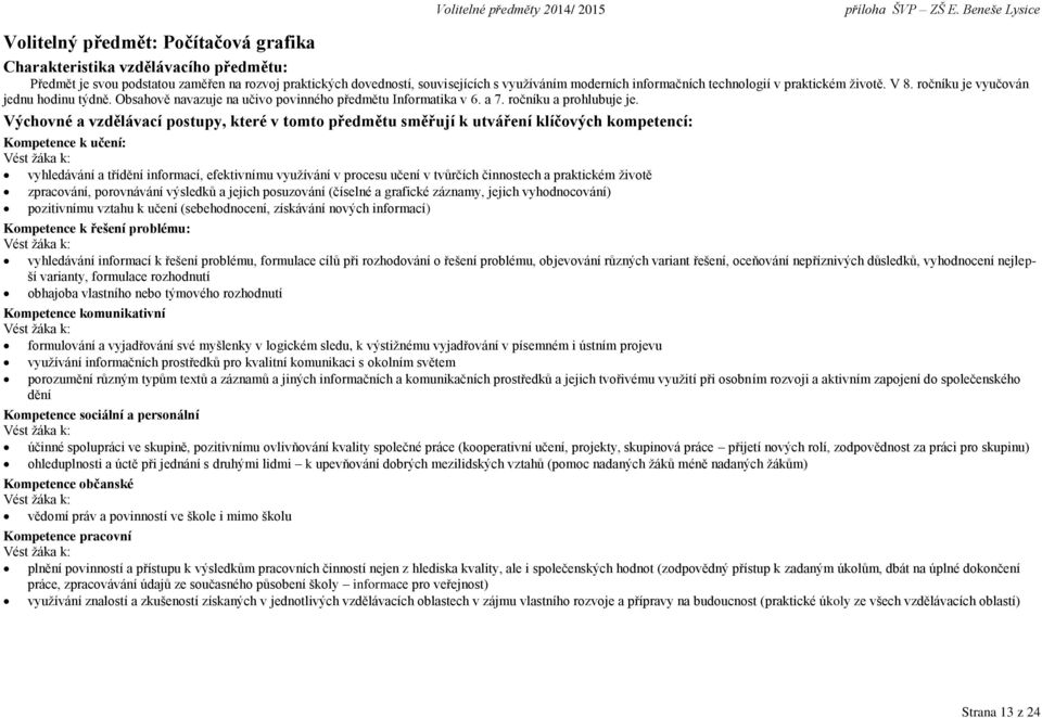 Výchovné a vzdělávací postupy, které v tomto předmětu směřují k utváření klíčových kompetencí: Kompetence k učení: vyhledávání a třídění informací, efektivnímu využívání v procesu učení v tvůrčích