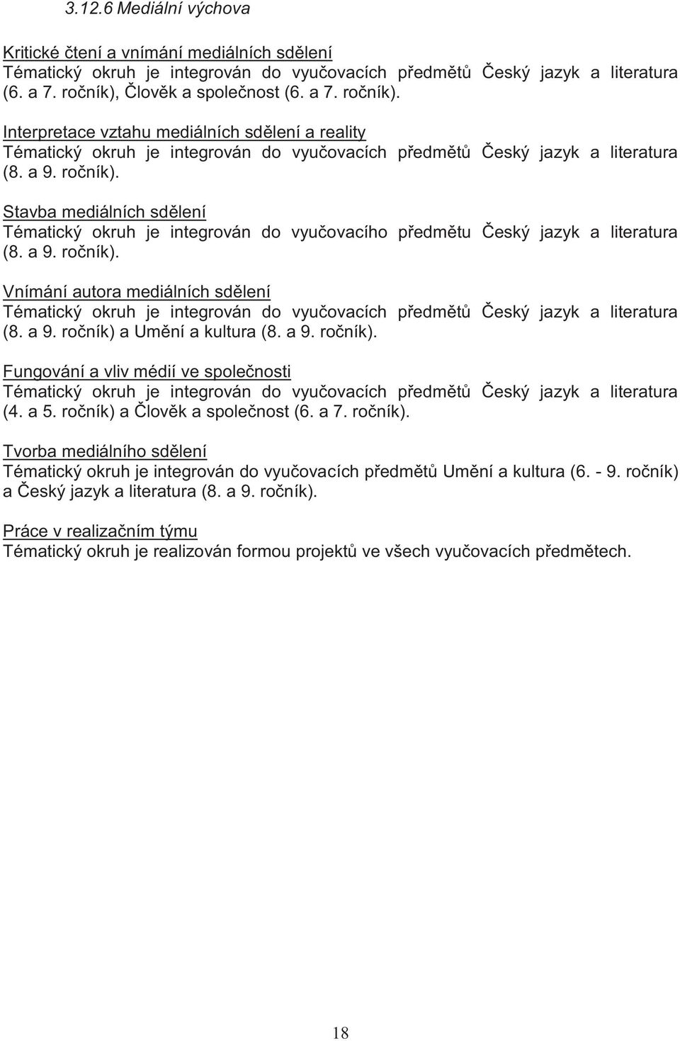 a 9. ročník). Vnímání autora mediálních sdělení Tématický okruh je integrován do vyučovacích předmětů Český jazyk a literatura (8. a 9. ročník) a Umění a kultura (8. a 9. ročník). Fungování a vliv médií ve společnosti Tématický okruh je integrován do vyučovacích předmětů Český jazyk a literatura (4.