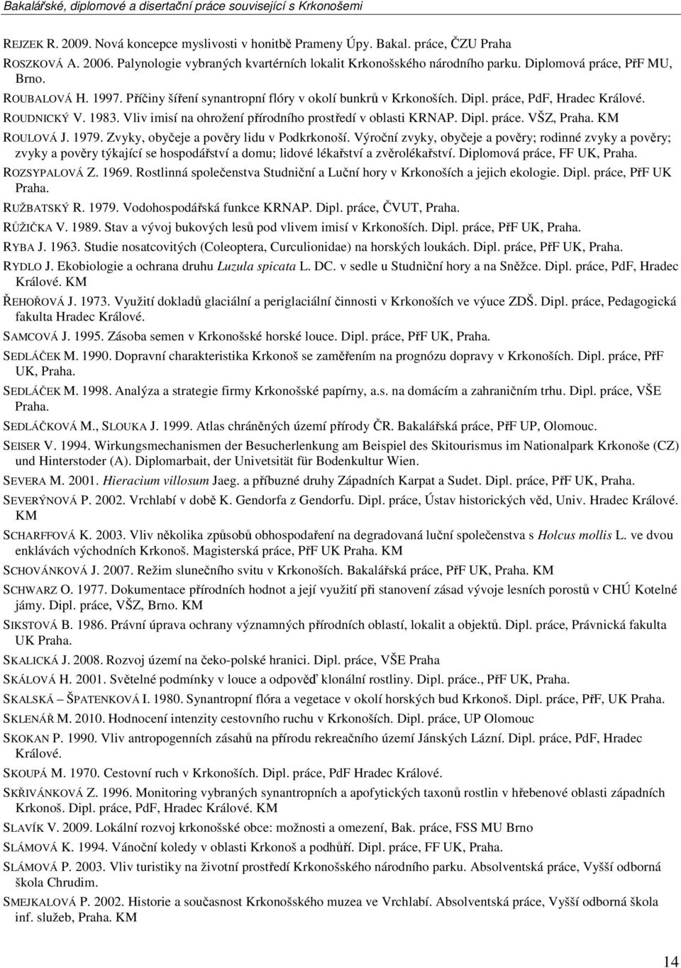 Vliv imisí na ohrožení přírodního prostředí v oblasti KRNAP. Dipl. práce. VŠZ, ROULOVÁ J. 1979. Zvyky, obyčeje a pověry lidu v Podkrkonoší.