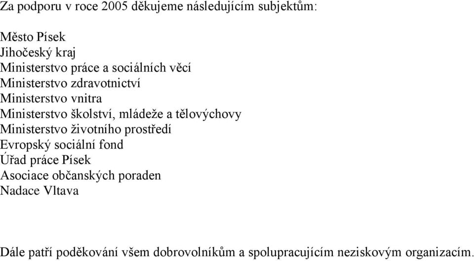 tělovýchovy Ministerstvo životního prostředí Evropský sociální fond Úřad práce Písek Asociace