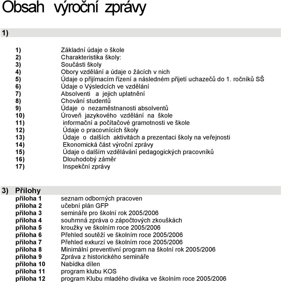 počítačové gramotnosti ve škole 12) Údaje o pracovnících školy 13) Údaje o dalších aktivitách a prezentaci školy na veřejnosti 14) Ekonomická část výroční zprávy 15) Údaje o dalším vzdělávání