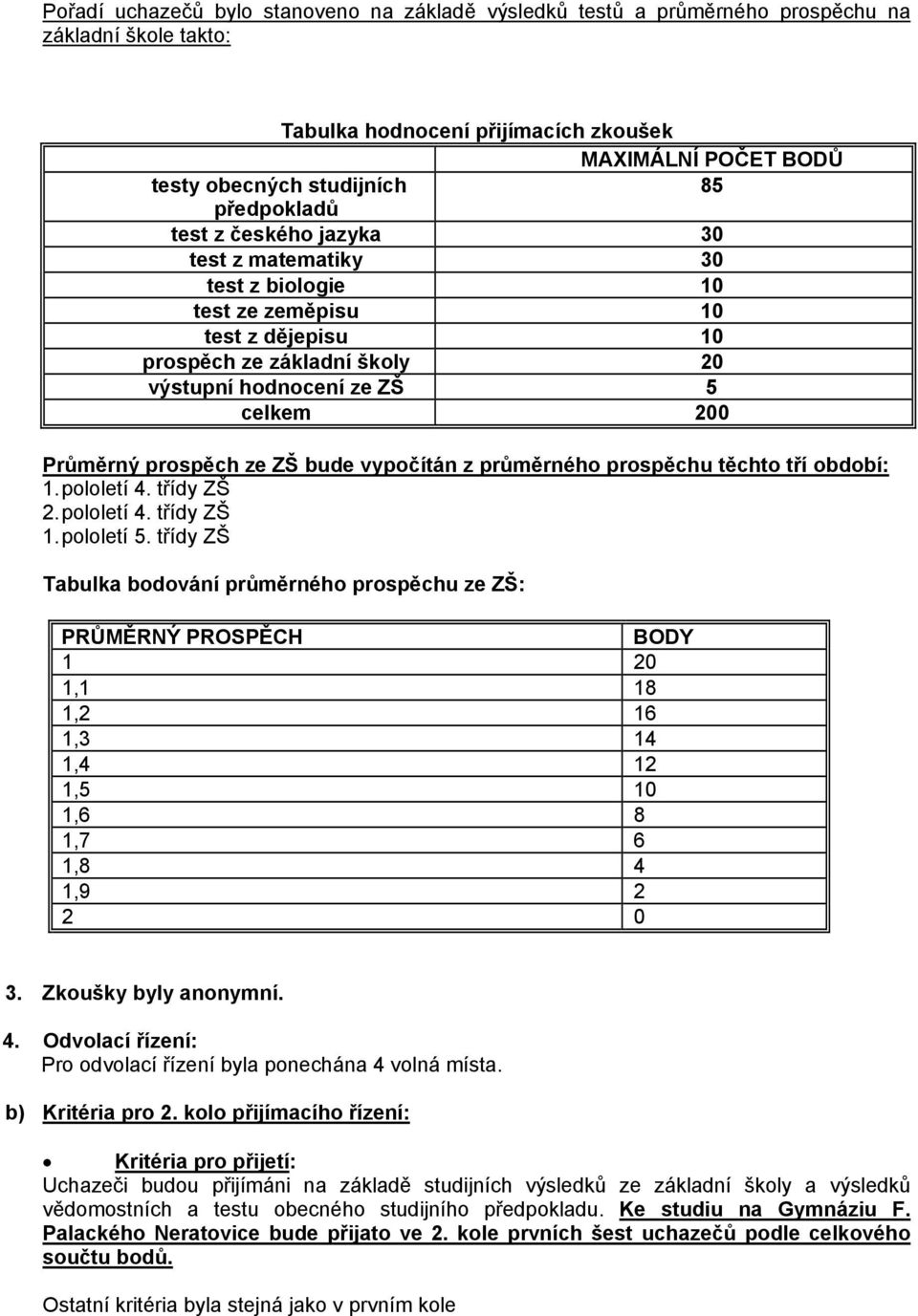 prospěch ze ZŠ bude vypočítán z průměrného prospěchu těchto tří období: 1. pololetí 4. třídy ZŠ 2. pololetí 4. třídy ZŠ 1. pololetí 5.