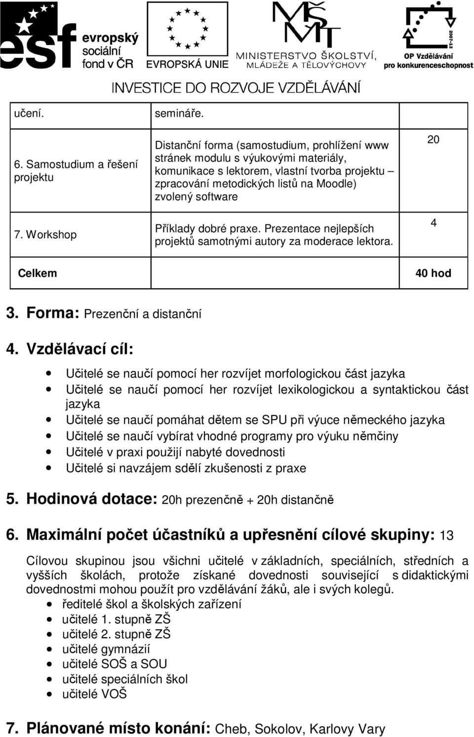 dobré praxe. Prezentace nejlepších projektů samotnými autory za moderace lektora. 20 Celkem 0 hod 3. Forma: Prezenční a distanční.