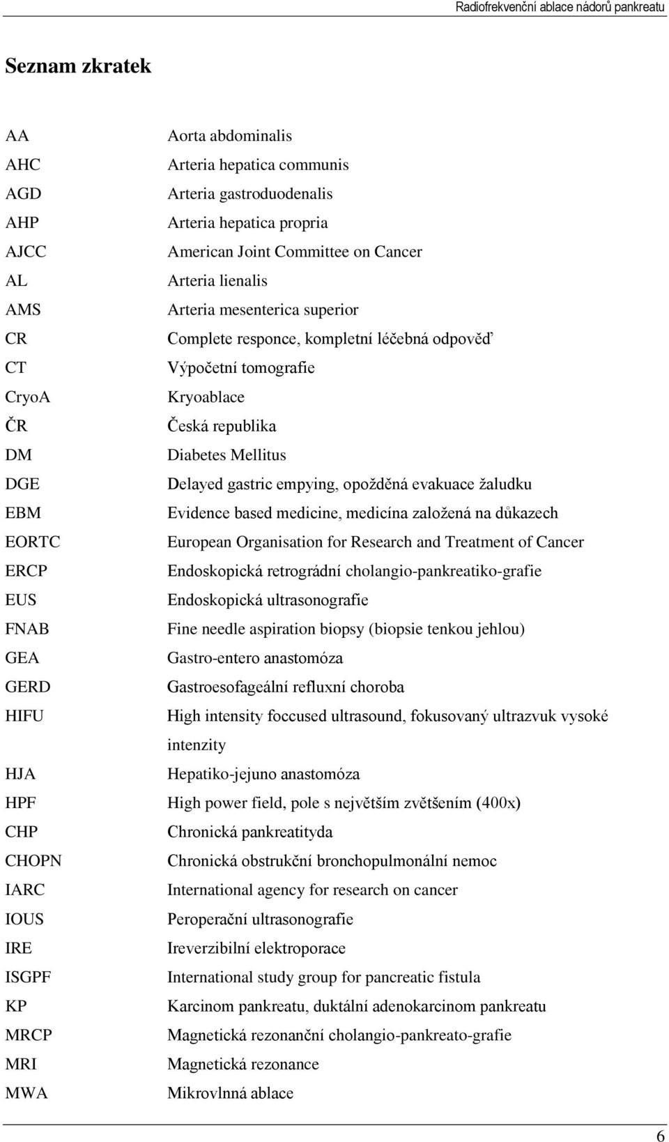 Kryoablace Česká republika Diabetes Mellitus Delayed gastric empying, opoţděná evakuace ţaludku Evidence based medicine, medicína zaloţená na důkazech European Organisation for Research and Treatment