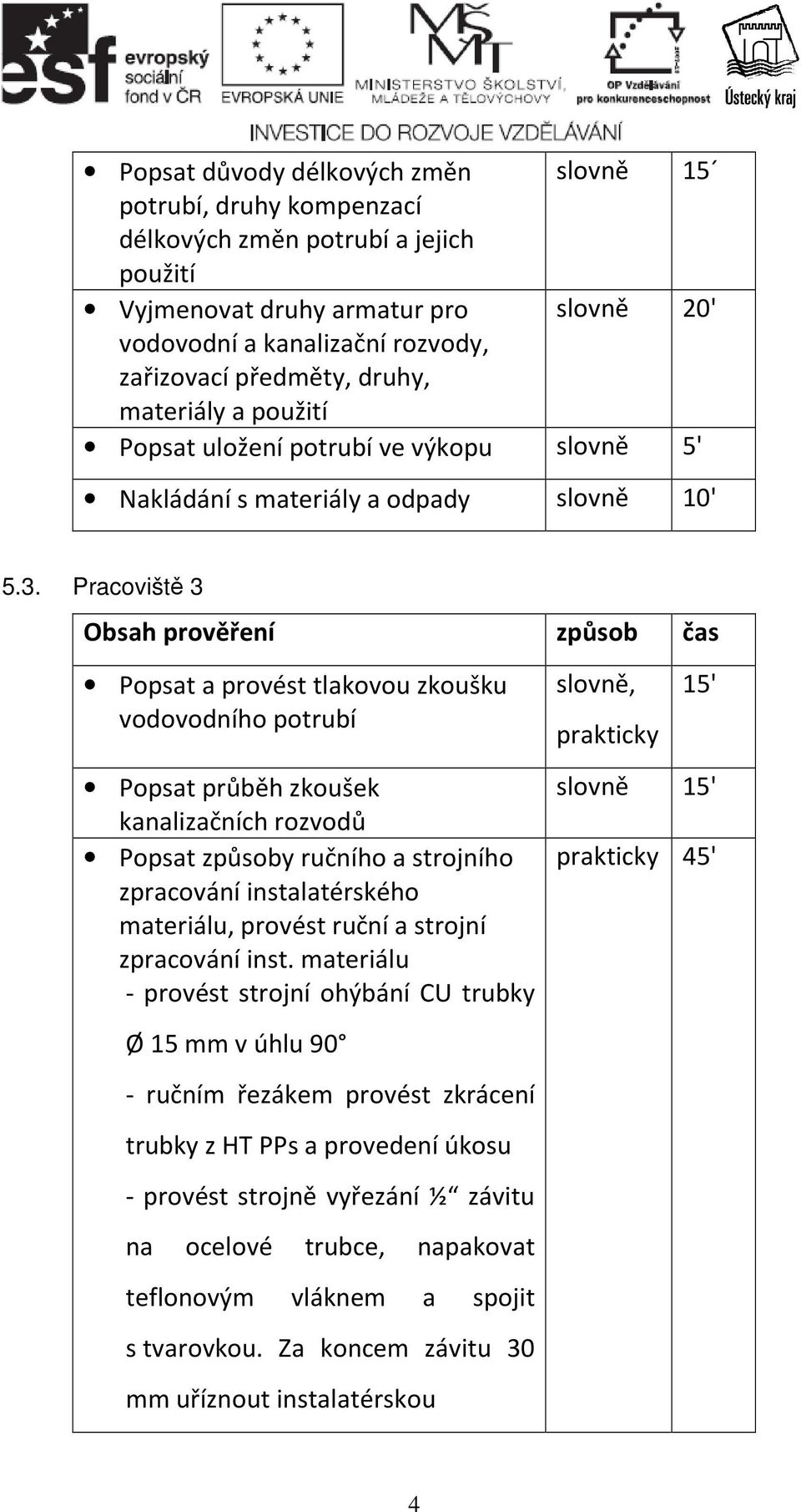 Pracoviště 3 Popsat a provést tlakovou zkoušku vodovodního potrubí Popsat průběh zkoušek kanalizačních rozvodů Popsat způsoby ručního a strojního zpracování instalatérského materiálu, provést ruční a