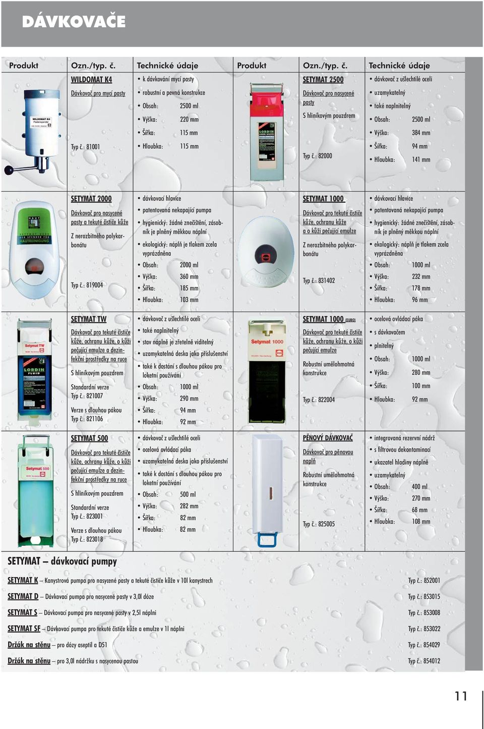 Technické údaje WILDOMAT K4 k dávkování mycí pasty SETYMAT 2500 dávkovač z ušlechtilé oceli Dávkovač pro mycí pasty robustní a pevná konstrukce Dávkovač pro nasycené uzamykatelný Obsah: 2500 ml pasty