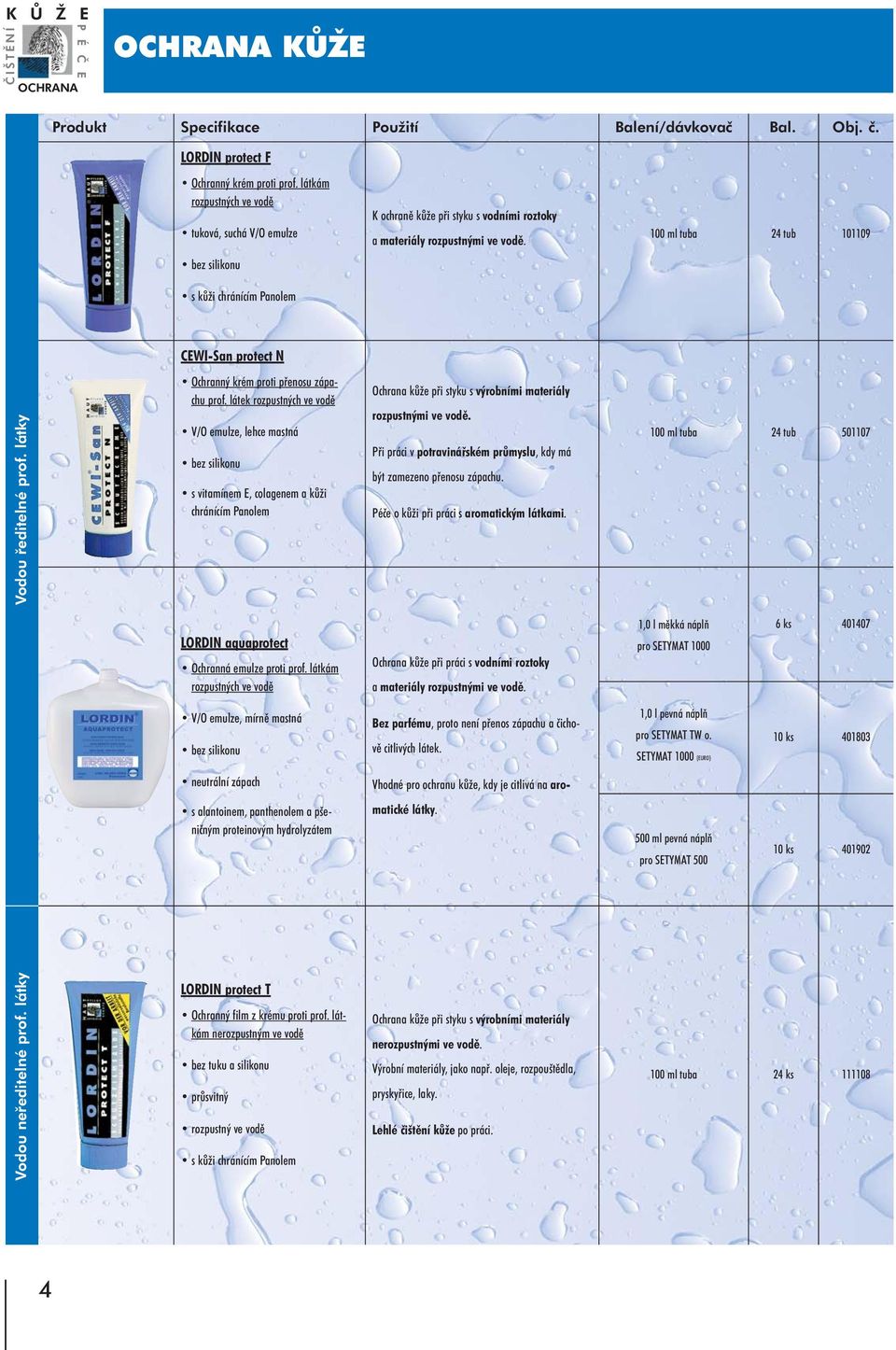 látek rozpustných ve vodě V/O emulze, lehce mastná s vitamínem E, colagenem a kůži chránícím Panolem Ochrana kůže při styku s výrobními materiály rozpustnými ve vodě.