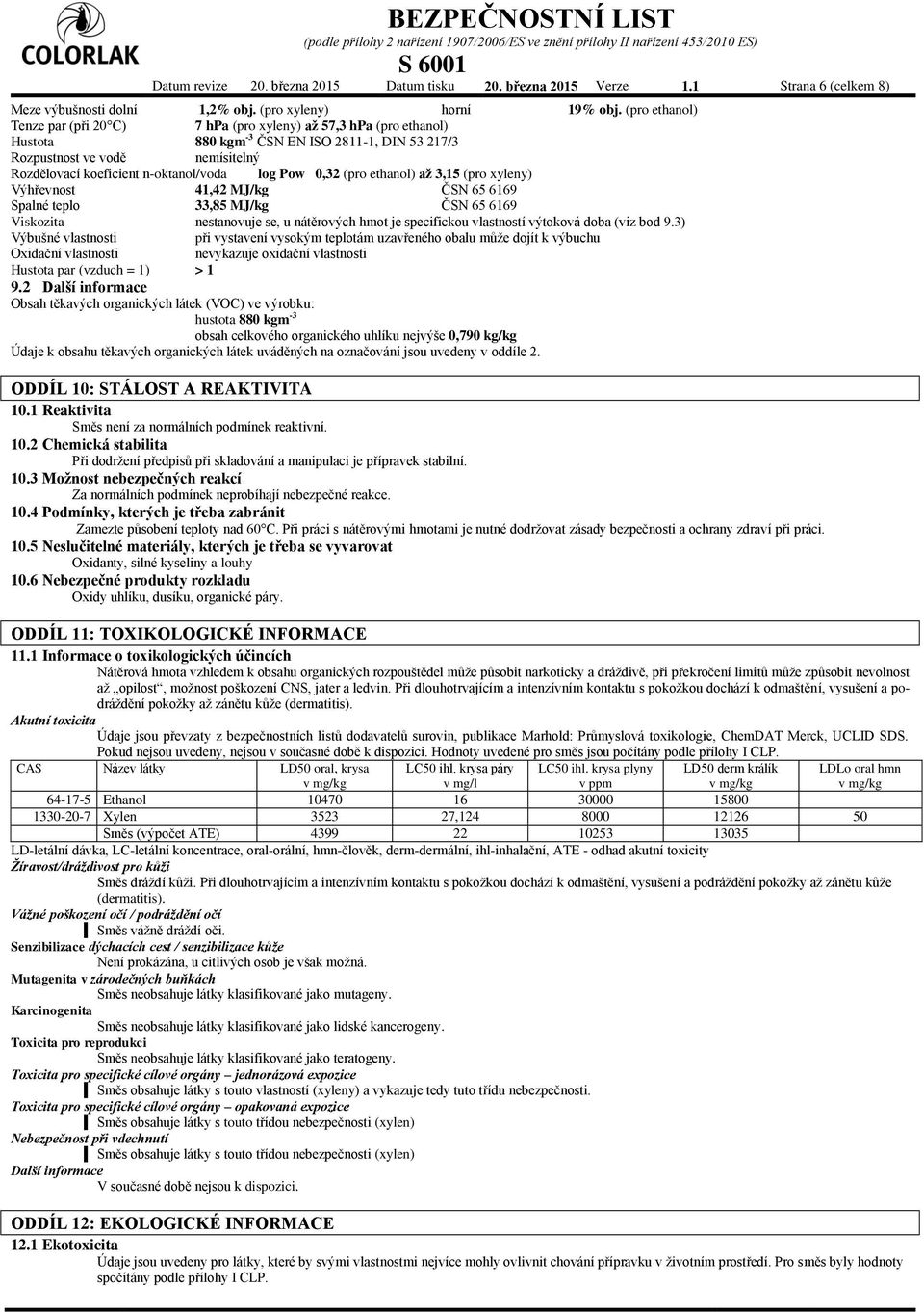 n-oktanol/voda log Pow 0,32 (pro ethanol) až 3,15 (pro xyleny) Výhřevnost 41,42 MJ/kg ČSN 65 6169 Spalné teplo 33,85 MJ/kg ČSN 65 6169 Viskozita nestanovuje se, u nátěrových hmot je specifickou