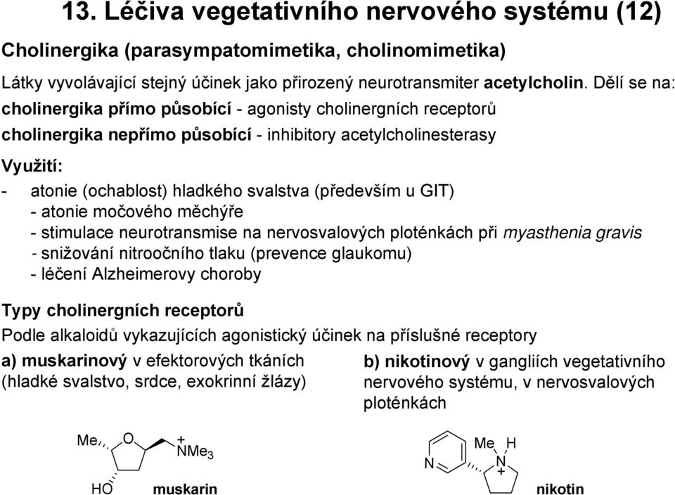 GIT) - atonie močového měchýře - stimulace neurotransmise na nervosvalových ploténkách při myasthenia gravis - snižování nitroočního tlaku (prevence glaukomu) -léčení Alzheimerovy choroby Typy