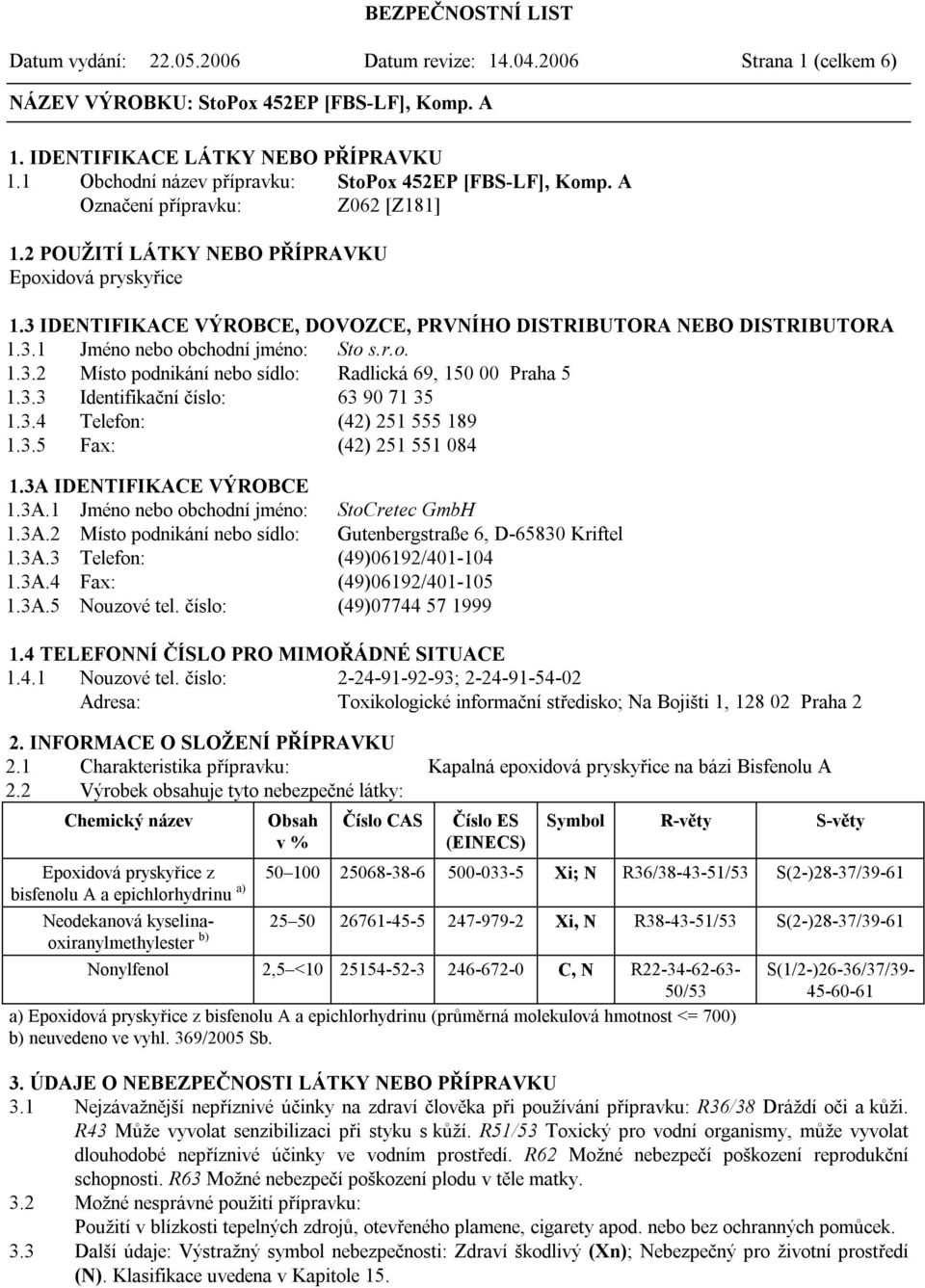 r.o. 1.3.2 Místo podnikání nebo sídlo: Radlická 69, 150 00 Praha 5 1.3.3 Identifikační číslo: 63 90 71 35 1.3.4 Telefon: (42) 251 555 189 1.3.5 Fax: (42) 251 551 084 1.3A 