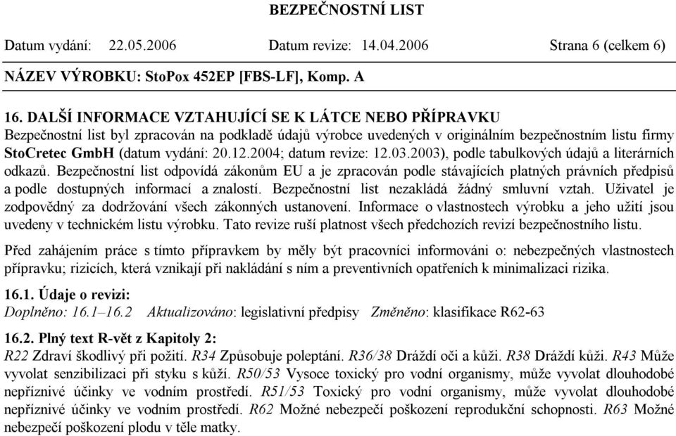 2004; datum revize: 12.03.2003), podle tabulkových údajů a literárních odkazů.