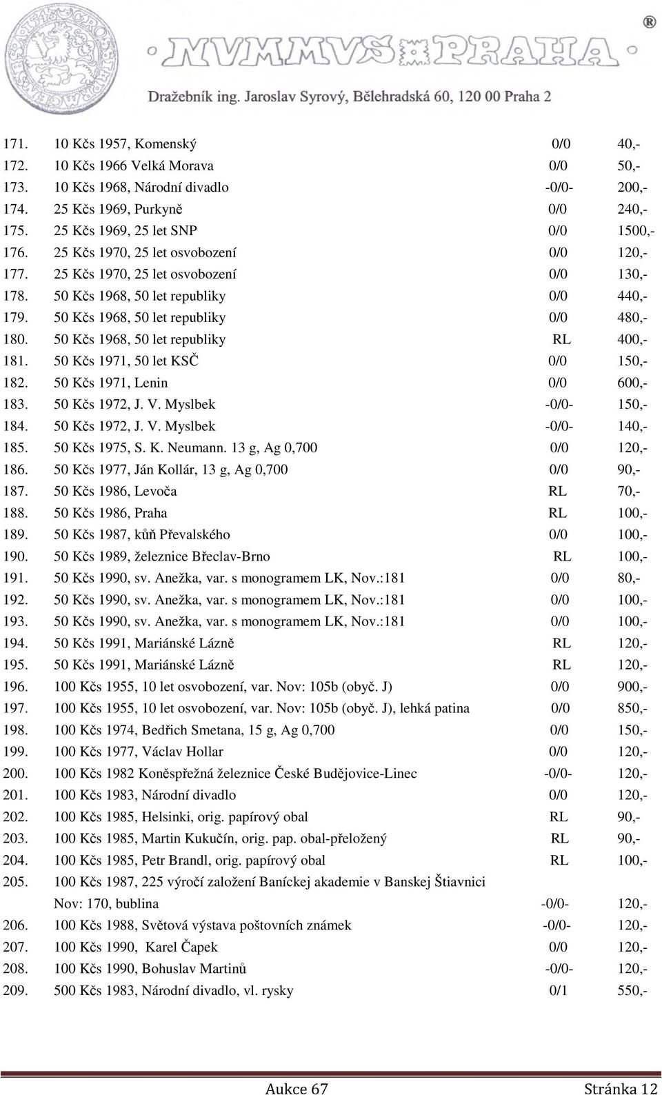 50 Kčs 1968, 50 let republiky RL 400,- 181. 50 Kčs 1971, 50 let KSČ 0/0 150,- 182. 50 Kčs 1971, Lenin 0/0 600,- 183. 50 Kčs 1972, J. V. Myslbek -0/0-150,- 184. 50 Kčs 1972, J. V. Myslbek -0/0-140,- 185.
