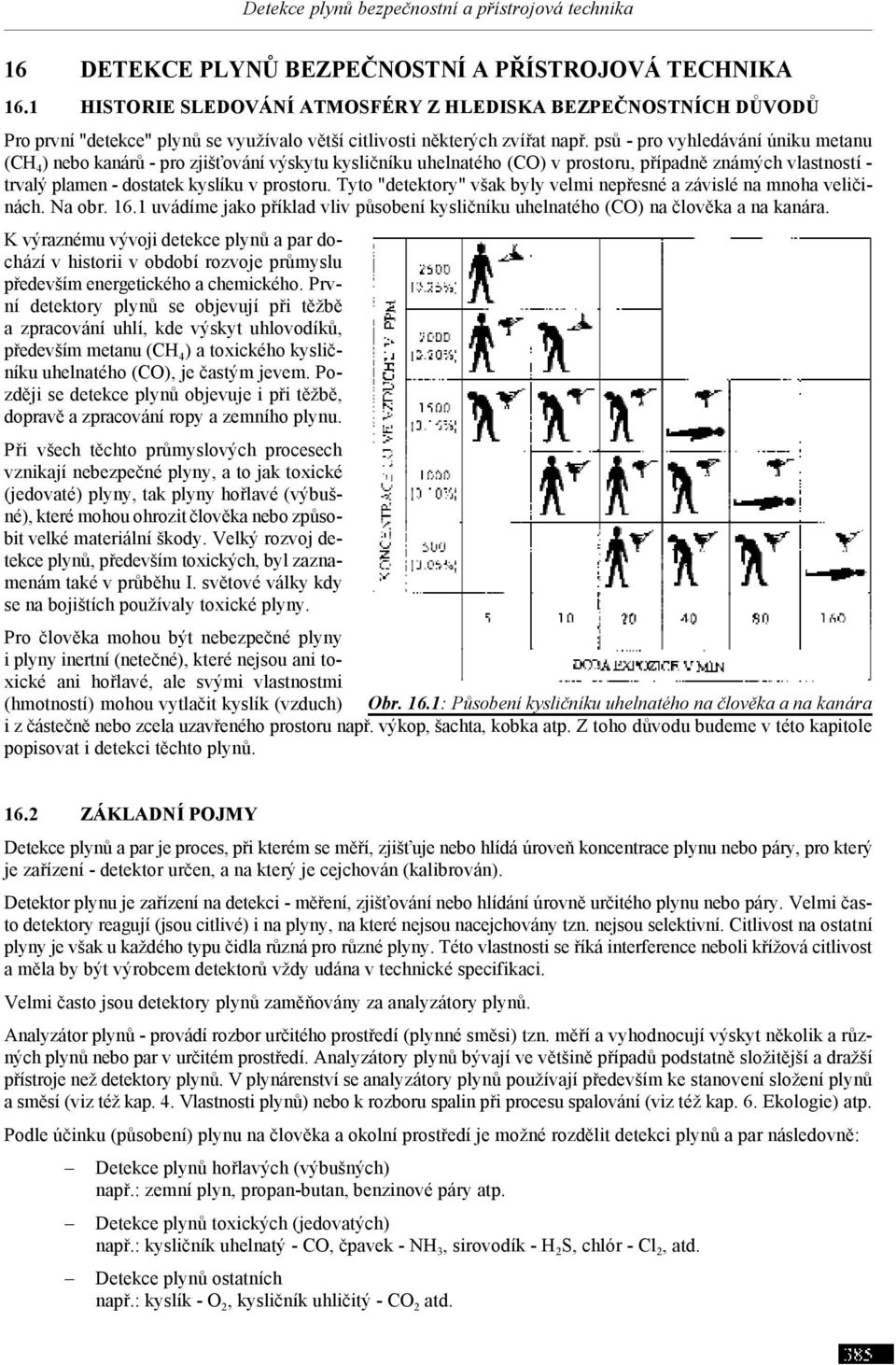 Tyto "detektory" však byly velmi nepřesné a závislé na mnoha veličinách. Na obr. 16.1 uvádíme jako příklad vliv působení kysličníku uhelnatého (CO) na člověka a na kanára.
