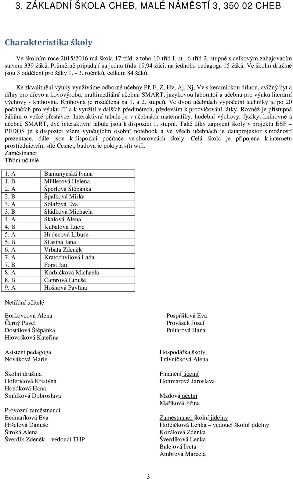 Ke zkvalitnění výuky využíváme odborné učebny Př, F, Z, Hv, Aj, Nj, Vv s keramickou dílnou, cvičný byt a dílny pro dřevo a kovovýrobu, multimediální učebnu SMART, jazykovou laboratoř a učebnu pro