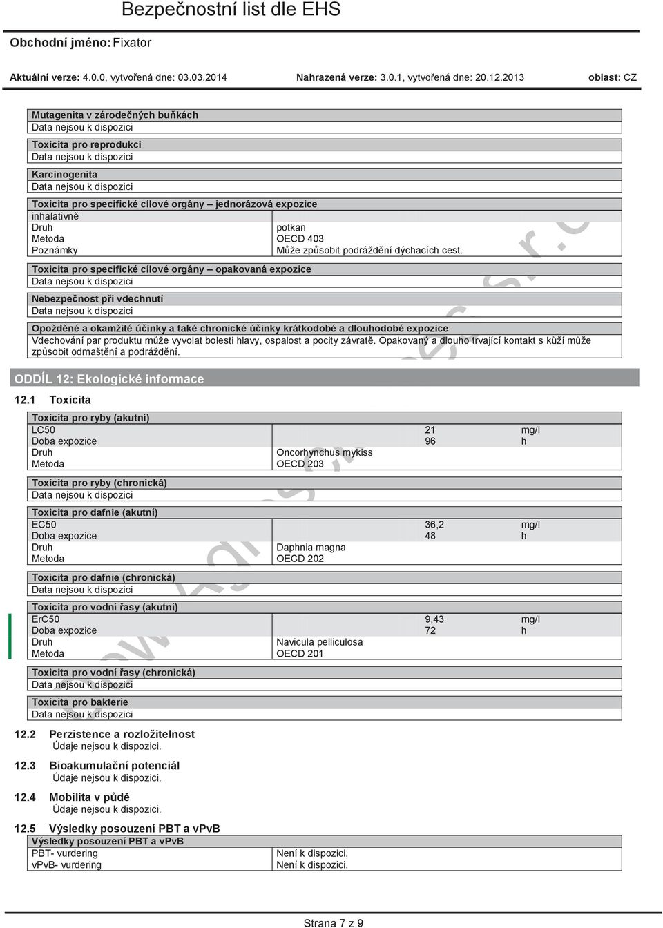 cest. Txicita pr specifické cílvé rgány pakvaná expzice Nebezpečnst při vdechnutí Opžděné a kamžité účinky a také chrnické účinky krátkdbé a dluhdbé expzice Vdechvání par prduktu může vyvlat blesti