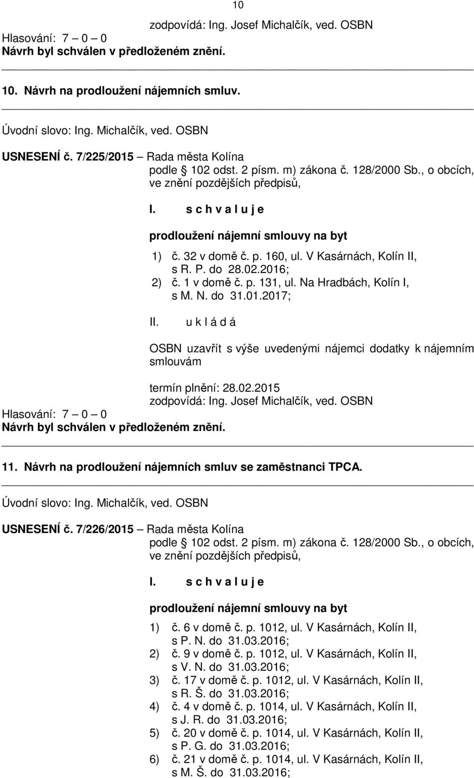 Na Hradbách, Kolín I, s M. N. do 31.01.2017; OSBN uzavřít s výše uvedenými nájemci dodatky k nájemním smlouvám termín plnění: 28.02.2015 zodpovídá: Ing. Josef Michalčík, ved. OSBN 11.