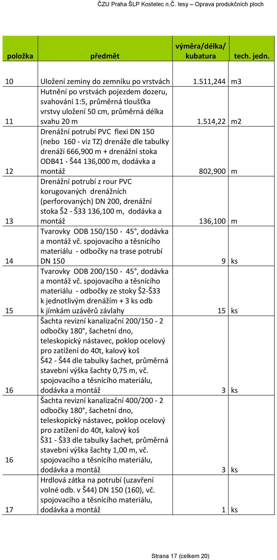 514,22 m2 12 Drenážní potrubí PVC flexi DN 150 (nebo 160 - viz TZ) drenáže dle tabulky drenáží 666,900 m + drenážní stoka ODB41 - Š44 136,000 m, dodávka a montáž 802,900 m 13 Drenážní potrubí z rour