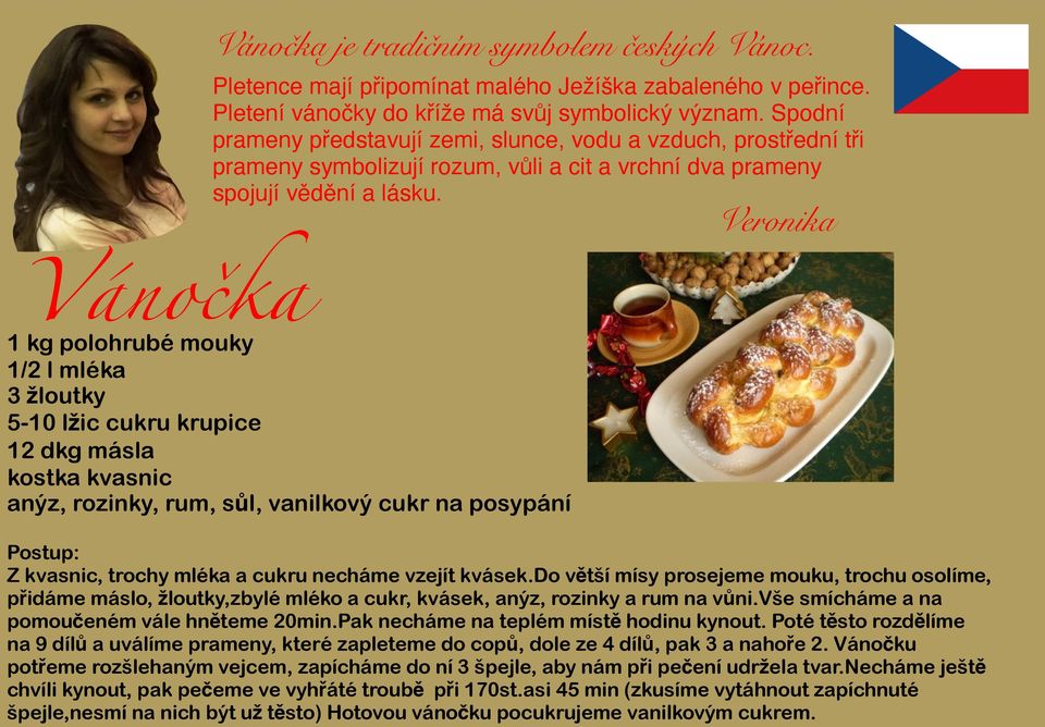 Vánočka 1 kg polohrubé mouky 1/2 l mléka 3 žloutky 5-10 lžic cukru krupice 12 dkg másla kostka kvasnic anýz, rozinky, rum, sůl, vanilkový cukr na posypání Veronika Postup: Z kvasnic, trochy mléka a