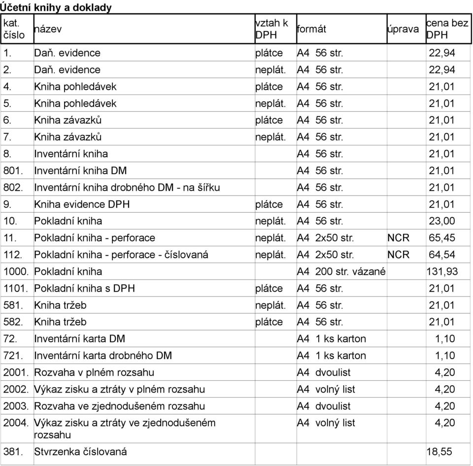 21,01 802. Inventární kniha drobného DM - na šířku A4 56 str. 21,01 9. Kniha evidence plátce A4 56 str. 21,01 10. Pokladní kniha neplát. A4 56 str. 23,00 11. Pokladní kniha - perforace neplát.