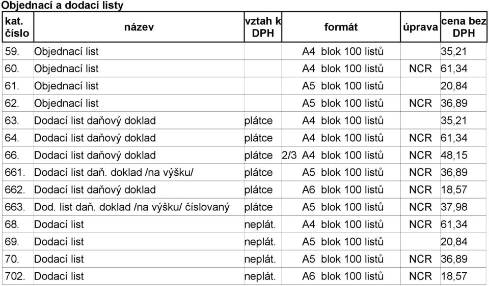 Dodací list daňový doklad plátce 2/3 A4 blok 100 listů NCR 48,15 661. Dodací list daň. doklad /na výšku/ plátce A5 blok 100 listů NCR 36,89 662.