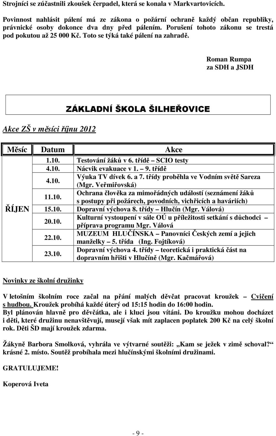 Toto se týká také pálení na zahradě. Roman Rumpa za SDH a JSDH Akce ZŠ v měsíci říjnu 2012 ZÁKLADNÍ ŠKOLA ŠILHEŘOVICE Měsíc Datum Akce ŘÍJEN 1.10. Testování žáků v 6. třídě SCIO testy 4.10. Nácvik evakuace v 1.