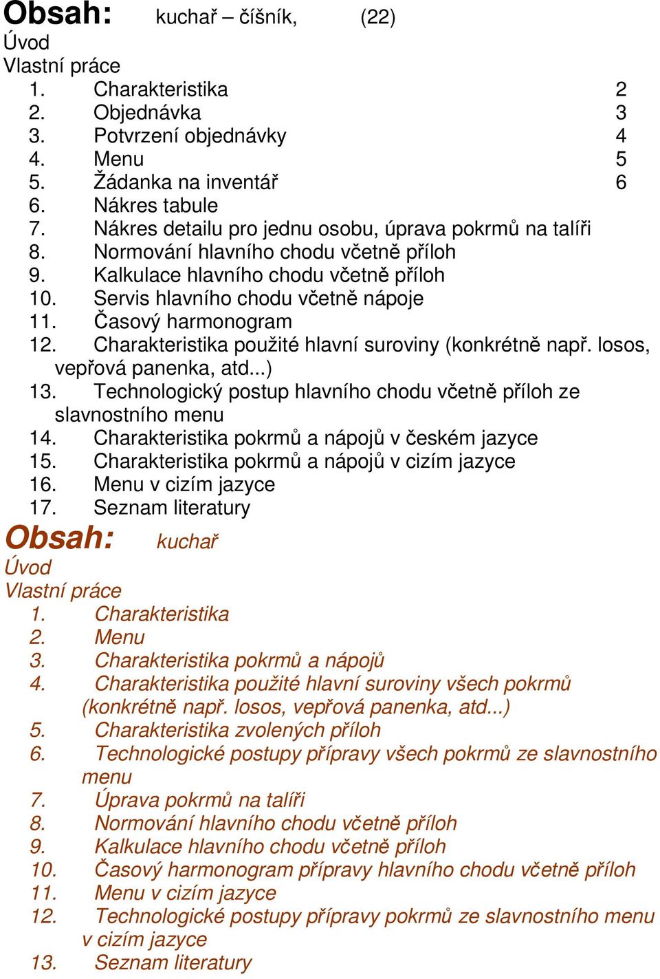 Časový harmonogram 12. Charakteristika použité hlavní suroviny (konkrétně např. losos, vepřová panenka, atd...) 13. Technologický postup hlavního chodu včetně příloh ze slavnostního menu 14.